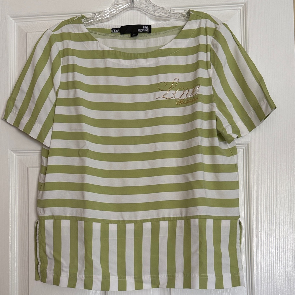 Love Moschino Olive and White Striped Tee
